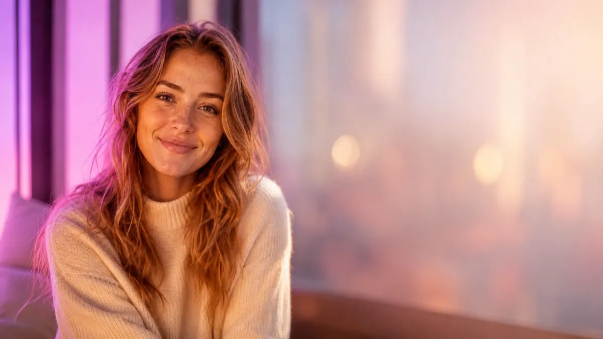 Ragazza con maglione color panna davanti a una finestra illuminata di rosa