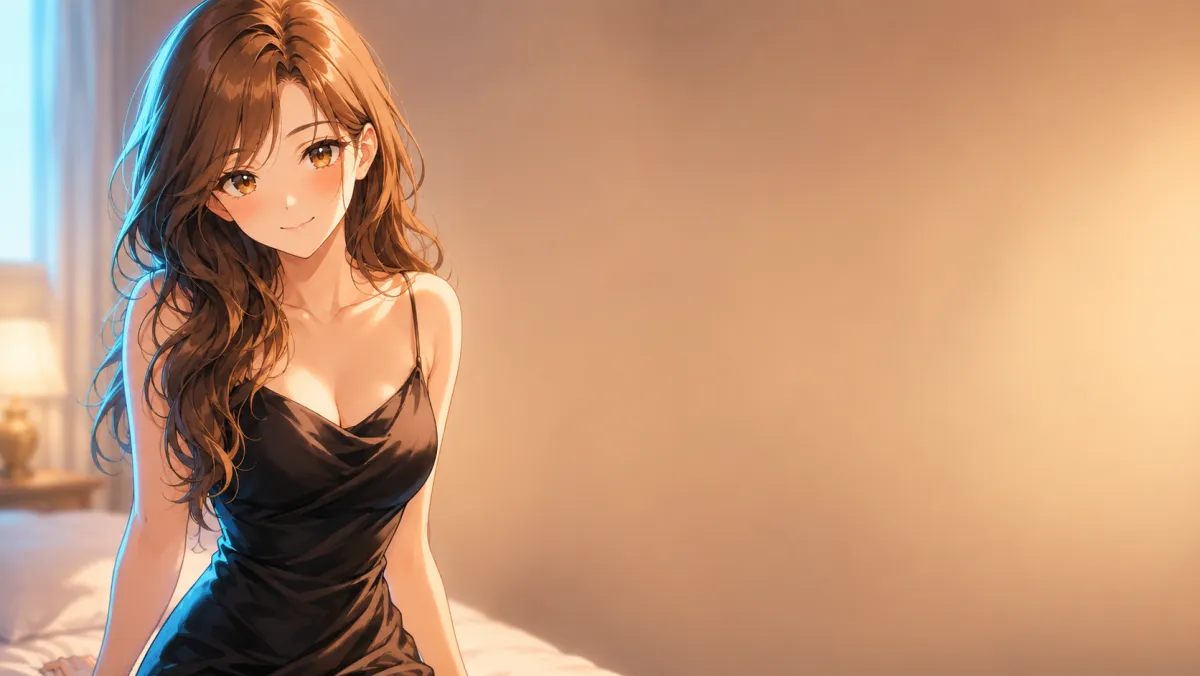 Personaggio anime in abito nero seduto sul letto, luce calda della lampada