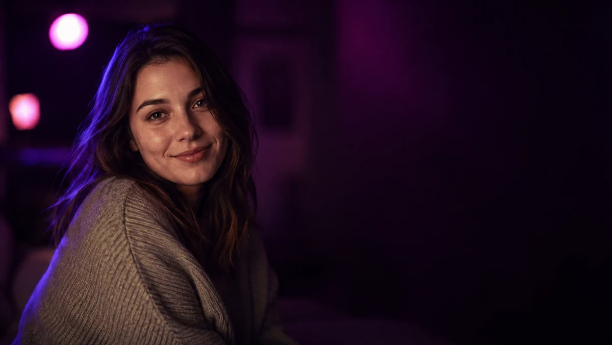 Ragazza con maglione grigio in una stanza buia illuminata di viola