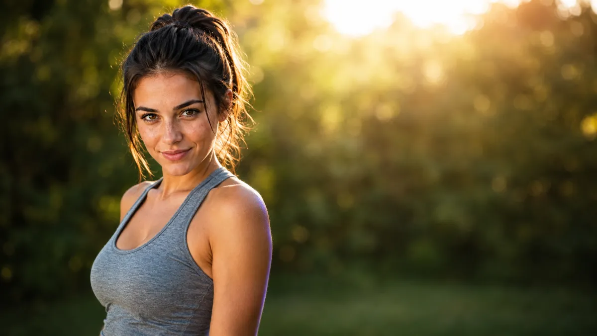Ragazza in canottiera grigia all&rsquo;aperto, controluce al tramonto
